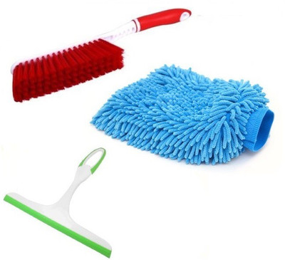 BIGWHEEL 3 in 1 Car cleaning kit of Multi-purpose Microfiber Gloves for Washing, Carpet Cleaning Brush with Hard & Long Bristles, Window Glass Wiper Cleaner Combo