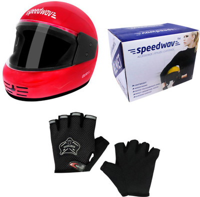 Speedwav 1 Full Face Bike Riding Helmet-Red, 1 Knighthood Half Riding Gloves-Black Combo