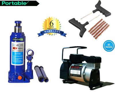 

Creative Via 3 Ton Hydraulic Car Jack + AutoCut-OFF Premium Metal Air Compressor + Tyre Punture Repair Kit Combo
