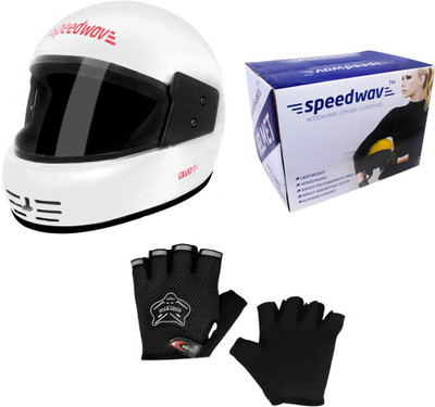 

Speedwav 1 Full Face Bike Riding Helmet-White, 1 Knighthood Half Riding Gloves-Black Combo