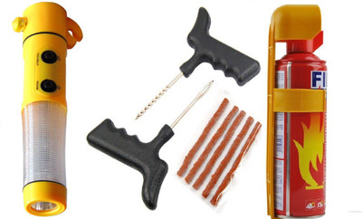 Gadget Deals Fire Extinguisher, Tubeless tyre punchure repair kit, 5 in 1 Emergncy tool Combo