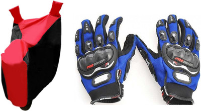 Gking Red & Black Bike Body Cover With Blue Probiker Full Gloves Combo