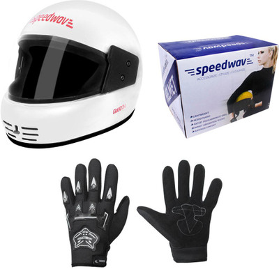 Speedwav 1 Full Face Bike Riding Helmet-White, 1 Knighthood Riding Gloves-Black Combo