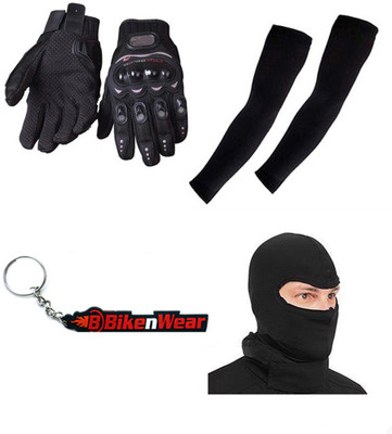 

Bikenwear 1 Pair Probiker Gloves-Black-M, 1 Pair Arm Sleeves-Black, 1 Face Mask-Black,1 Keyring Combo