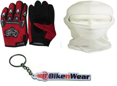 

Bikenwear 1 Pair Gloves-Red(Free Size), 1 Face Mask-Cream,1 Keyring Combo