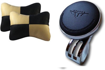 Auto Car Winner 1 Status Vehicle Steering Knob, 1 Pair of Black & Beige Neck Rest Cushion Combo
