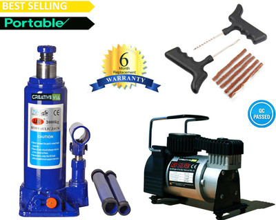 

Creative Via 3 Ton Hydraulic Car Jack + AutoCut-OFF Premium Metal Air Compressor + Tyre Punture Repair Kit Combo