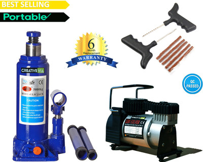 

Creative Via 5 Ton Hydraulic Car Jack + AutoCut-OFF Premium Metal Air Compressor + Tyre Punture Repair Combo