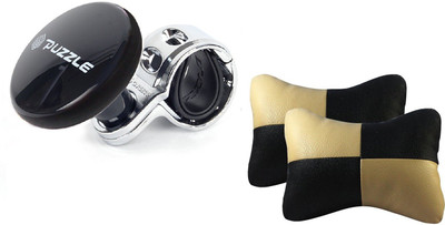 

Auto Car Winner 1 Black Puzzle Vehicle Steering Knob, 1 Pair of Black & Beige Neck Rest Cushion Combo