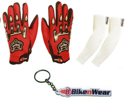 

Bikenwear 1 Pair Gloves-Red(Free Size), 1 Pair Arm Sleeve-Cream,1 Keyring Combo