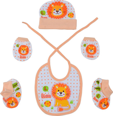 

Baby Grow Cap Bib Mittens Booties Set Cute Animal Print(Orange)