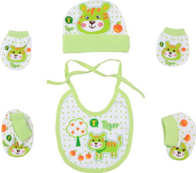 

Baby Grow Cap Bib Mittens Booties Set Cute Animal Print(Green)