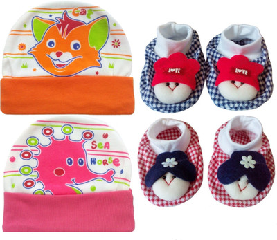 

Kero Kid Cutee Cat Sea Horse Cotton Caps & Dark Checks face Booties Baby care Combo set(Multicolor)