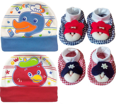 Kero Kid Cutee Duck Owl Flower Cotton Caps & Dark Checks face Booties Baby care Combo set(Multicolor)