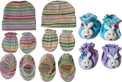 

Sonpra New Born Baby Cotton Booties Caps Mittens Style Combo(0-3 Month)(Multicolor)