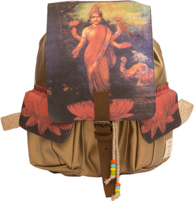 

The House of Tara Golden Faux Leather and Canvas Godess Lakshmi Bag 16 L Medium Backpack(Multicolor)