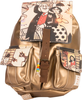 

The House of Tara Golden Faux Leather and Canvas Caricature Bag 16 L Medium Backpack(Multicolor)