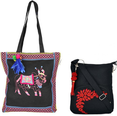 

Pick Pocket Combo of Funky Ethnic shopper bag with Black Small Sling Bag School Bag(Black, 5 inch)