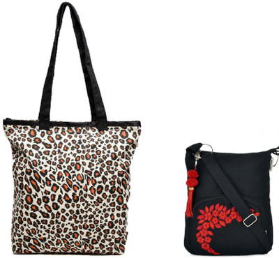 

Pick Pocket Combo of Animal Print tote with black small sling bag School Bag(Black, 5 inch)