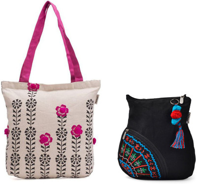 

Pick Pocket Combo of Accure tote with black prints and pompom balls with Sling side Pocket School Bag(Pink, 5 inch)