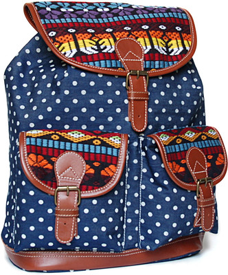 

Shaun Design Ethnic Jacquard Polka Denim School Bag(Blue, 10 L)