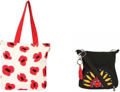 

Pick Pocket Combo of ecru and red poppy flower printed canvas tote bag with black canvas sling bag with yellow and red embroidered sunflower School Bag(Red, 5 inch)