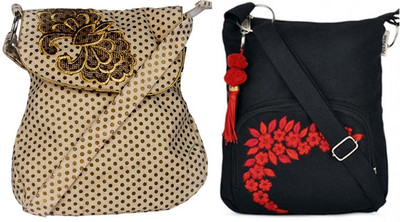 

Pick Pocket Combo of beautiful Off White Gold Flower with Black Small Sling Bag School Bag(White, 5 inch)