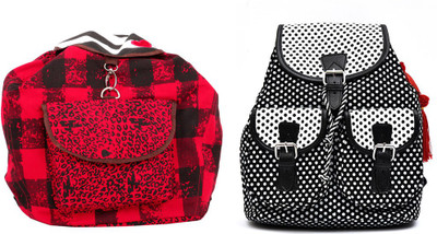 

Pick Pocket Combo of black and red checks canvas back pack with black and white canvas back pack with polka dot printed School Bag(Red, 5 inch)