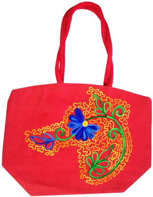 

CraftEra Unique Flower Print Red Color Jute Handheld And Shopping Handbag Shoulder Bag(Red, 18 inch)