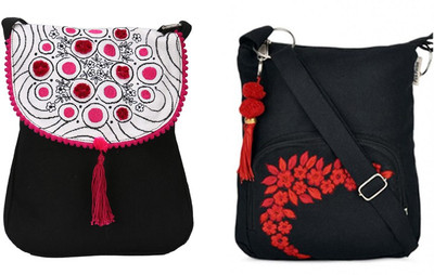 

Pick Pocket Combo of Black Sling Pink embroidery with Black Small Sling Bag School Bag(Black, 5 inch)