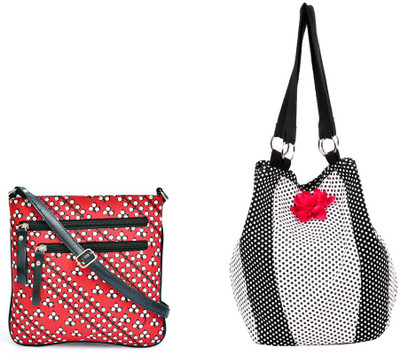 

Pick Pocket Combo of white and red canvas sling bag with PU strap with black and white polka dot canvas jholi bag School Bag(Red, 5 inch)
