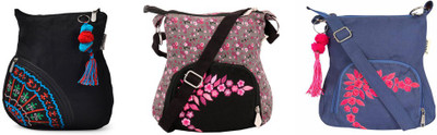 

Pick Pocket Combo of black Side pocket embroidered canvas sling bag with grey and black canvas bag with pink embroidery with blue canvas sling bag School Bag(Black, 5 inch)
