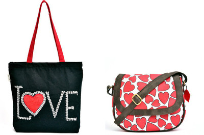 Pick Pocket Combo of black canvas tote bag with hand embroidered Love with white canvas sling bag with red heart printed School Bag(Black, 5 inch)