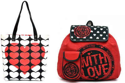

Pick Pocket Combo of black and white canvas tote bag with 3D red heart with red love canvas back pack Messenger Bag(Red, 5 inch)