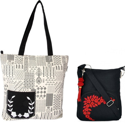 

Pick Pocket Combo of Tribe embroidered shopper bag with Black Small Sling Bag School Bag(Black, 5 inch)