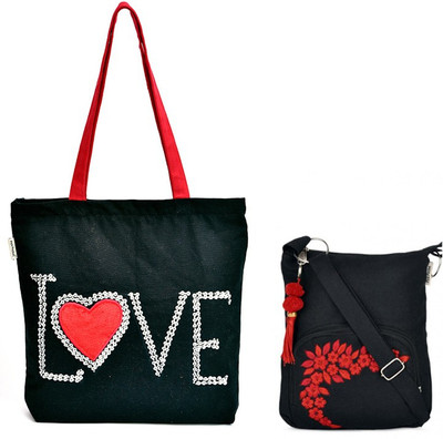 

Pick Pocket Combo of Beautiful Hand embroidered Love Canvas Tote bag with Black Small Sling Bag School Bag(Black, 5 inch)