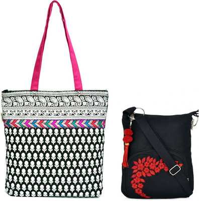 

Pick Pocket Combo of Black and White Printed Tote with Multi Coloured Lace with Black Small Sling Bag School Bag(Black, 5 inch)