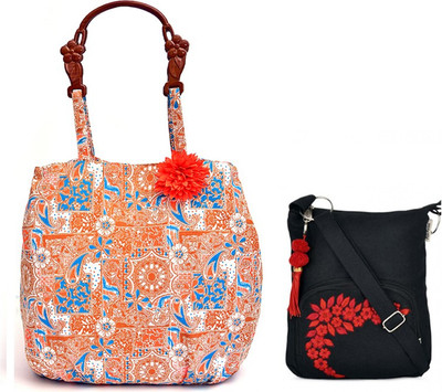 

Pick Pocket Combo of Attractive Summer Beach Bag with Wood look Handel with Black Small Sling bag . School Bag(Orange, 5 inch)