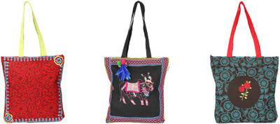

Pick Pocket Combo of maroon and green canvas tote bag with black canvas tote bag with funky ethnic with rama rose embrodiered canvas tote bag School Bag(Black, 5 inch)