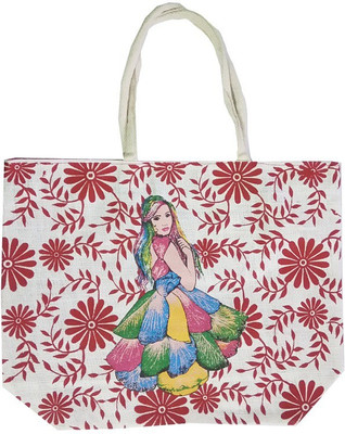 

CraftEra Red Flower Print With Cute Girls Design Multicolor Jute Handheld Multipurpose Bag(Red, 45 inch)