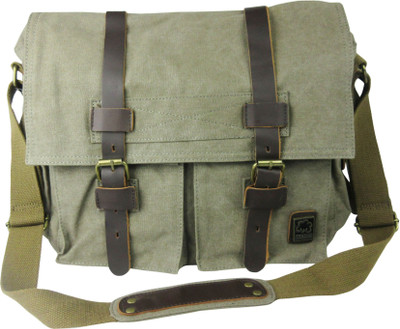 

Maxbell Canvas Bag with solid Leather Satchel School Military Crossbody Messenger Bag(Field Green, 12 inch)