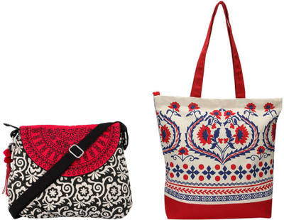 

Pick Pocket Combo of black, white and red semi circle canvas sling bag with red and offwhite floral printed canvas tote bag School Bag(Red, 5 inch)
