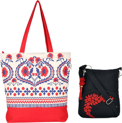 

Pick Pocket Combo of Red and White Floral Tote with Black Small Sling Bag Messenger Bag(Red, 5 inch)