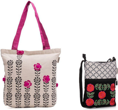 

Pick Pocket Combo Of Accrue with black printed and pink pompom balls canvas tote bag With black and white Embroidered canvas small sling bag School Bag(Pink, 5 inch)