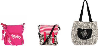

Pick Pocket Combo of Pink canvas sling bag with black, white and red Stripe canvas Sling bag with black and white Hand Embroidered canvas Jholi bag School Bag(Black, 5 inch)