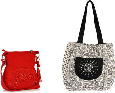 

Pick Pocket Combo of red canvas sling bag black and white Hand Embroidered canvas Jholi bag School Bag(Red, 5 inch)