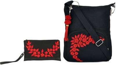 

Pick Pocket Combo of Floral bunch wristlet with Black Small Sling Bag School Bag(Red, 5 inch)