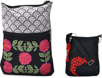 

Pick Pocket Combo of Black and White emb.Small Sling with Black Small Sling Bag School Bag(Black, 5 inch)