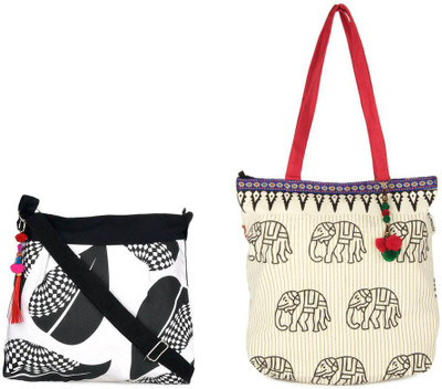 

Pick Pocket Combo of Black and white sling bag with accure tote with elephant print School Bag(Black, 5 inch)