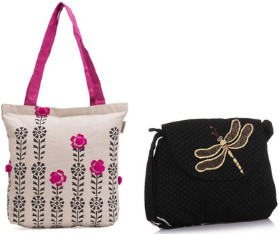

Pick Pocket Combo Of Accrue with black printed and pink pompom balls canvas tote bag With black canvas sling bag with golden dragon fly School Bag(Pink, 5 inch)